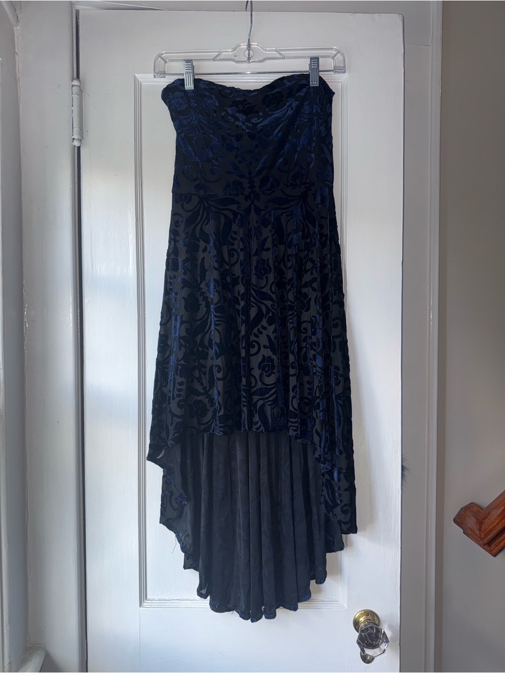 Design Lab Lord & Taylor Navy Blue Strapless Velvet Burnout High-Low Dress